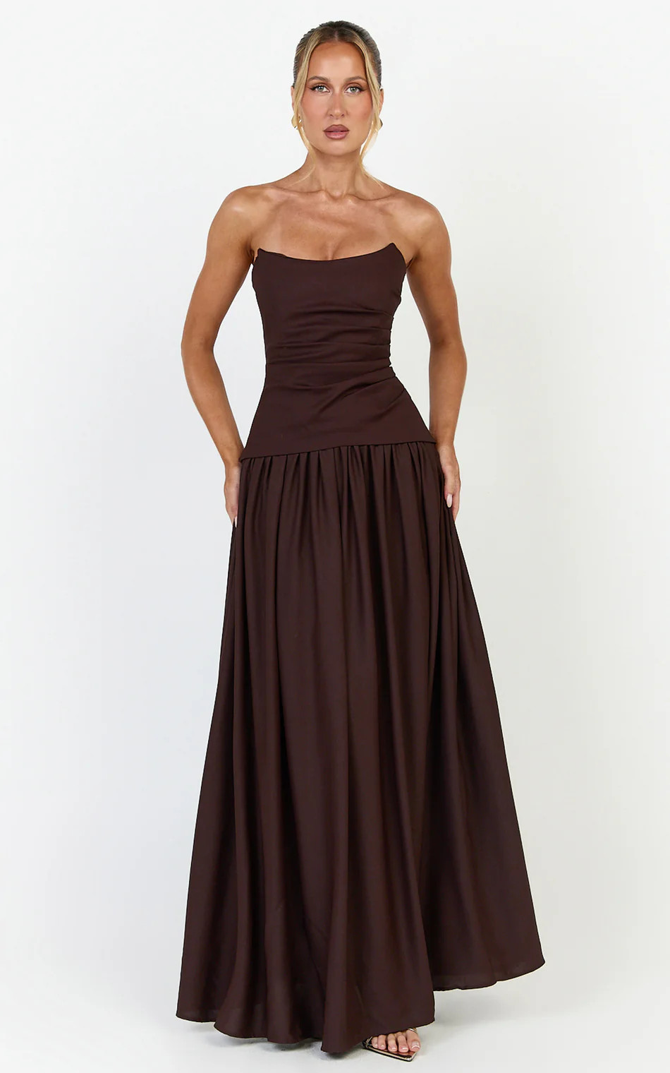 Strapless Gathered Bodice Fit And Flare Dress in Chocolate | Showpo (US, UK & Europe)