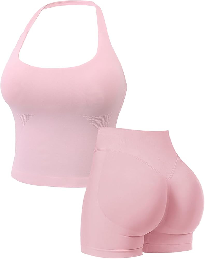Womens Workout Sets Gym Outfits 2 Pieces Seamless Longline Halter Backless Crop Top Scrunch Bums ... | Amazon (UK)