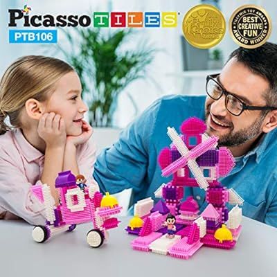 PicassoTiles PTB106 106pcs Bristle Lock Building Blocks Tiles Pink Castle Theme Set w/ Human Figu... | Amazon (US)