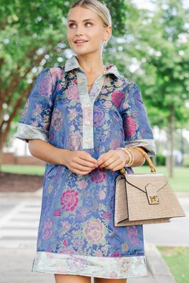 Found My Favorite Navy Brocade Shift Dress | The Mint Julep Boutique