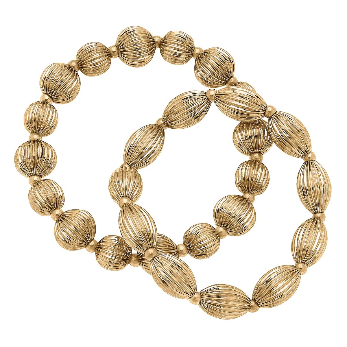 Katherine Ribbed Metal Stretch Bracelets in Worn Gold (Set of 2) | CANVAS