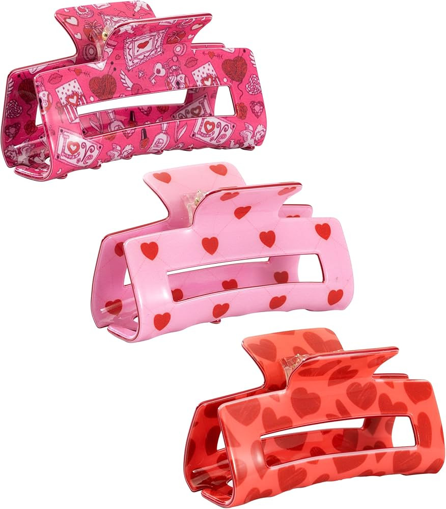 Valentine's Day Heart Hair Claw Clips for Women, Pink,Hot Pink, Rosy Candy Rectangle Claw Clips C... | Amazon (US)