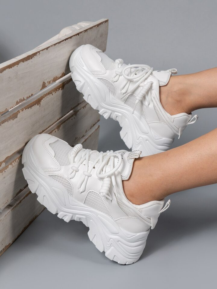Letter Graphic Lace-up Front Chunky Sneakers, Women's White Splice Athletic Shoes | SHEIN