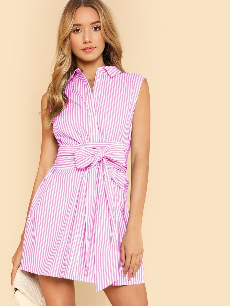 Sleeveless Striped Shirt Dress with Belt | SHEIN