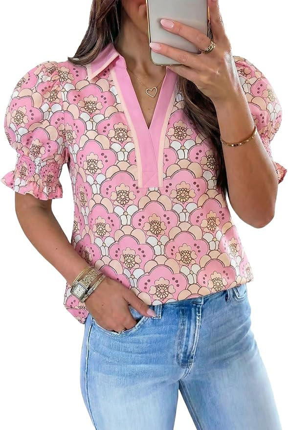 Tankaneo Womens Floral Puff Sleeve Blouses Summer V Neck Collared Tops Dressy Casual Loose Fit Bo... | Amazon (US)