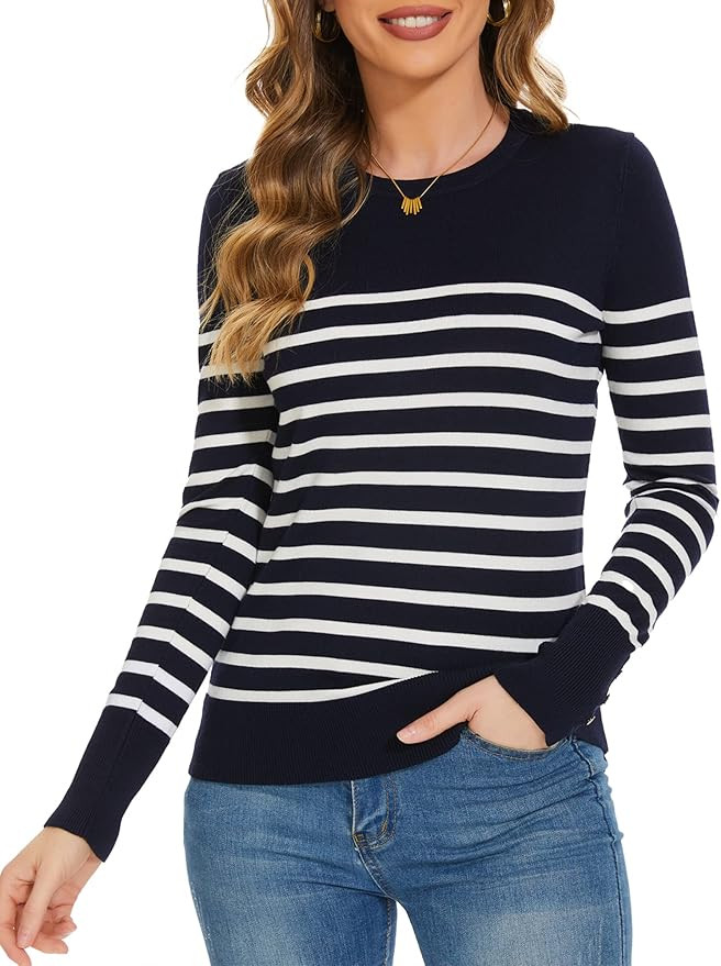 Sweaters for Women Striped Crew Neck Pullover Sweater Lightweight Long Sleeve Fall Knit Tops | Amazon (US)