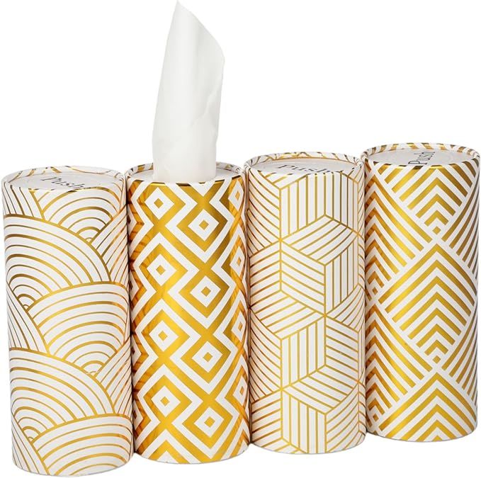 Kosiz 4 Pieces Cylinder Car Tissues Boxes with 3 Ply Facial Tissues Bulk Gold Foil Round Car Tiss... | Amazon (US)