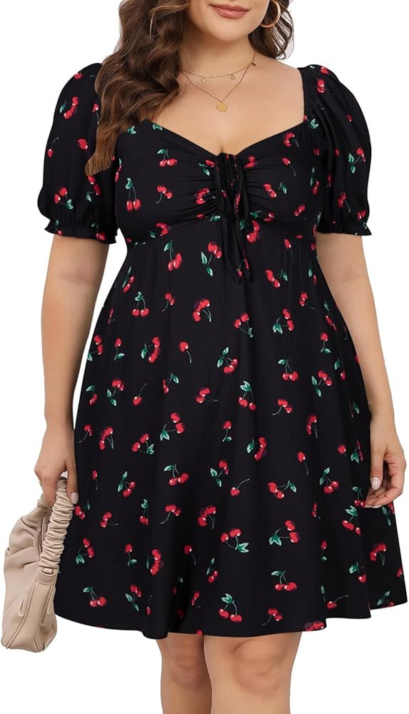 Pinup Fashion Women Plus Size Casual Puff Sleeve Smocked Short Summer Sundress A Line Babydoll Cu... | Amazon (US)