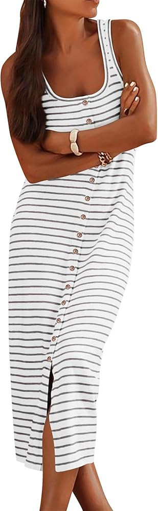 NOLLSOM Women Casual Sleeveless Striped Tank Midi Dresses Spring U Neck Bodycon Dresses T Shirt S... | Amazon (US)