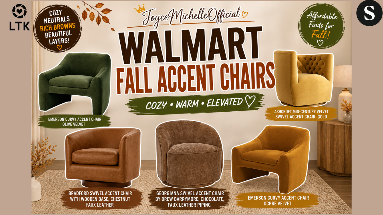Walmart Fall Accent Chairs 2026 🍂 | Olive, Ochre, Gold & Chocolate Fall Furniture Finds

Walmart is bringing the rich fall colors this season! 🍂🤎 In this episode of my Walmart Fall Accent Chairs series, we’re looking at five statement chairs that can instantly add warmth, texture, and personality to your living room, bedroom, beauty room, or reading nook.
This collection is all about those deeper fall layers—olive velvet, warm gold, chestnut faux leather, chocolate brown, and rich ochre. These are beautiful options if you love a cozy, elevated home without completely redecorating for the season.
Featured Walmart Accent Chairs:
🍃 Better Homes & Gardens Emerson Curvy Accent Chair — Olive Velvet ✨ Ashcroft Mid-Century Velvet Solid Print Swivel Accent Chair — Gold 🤎 Better Homes & Gardens Bradford Swivel Accent Chair with Wooden Base — Chestnut Faux Leather 🍫 Beautiful Georgiana Swivel Chair by Drew Barrymore — Chocolate with Faux Leather Piping 🍂 Better Homes & Gardens Emerson Curvy Accent Chair — Ochre Velvet
The best part? These colors aren't limited to fall. Pair them with cream, beige, warm woods, terracotta, camel, and chocolate brown, and they can work beautifully all year long.
Tell me in the comments: OLIVE, GOLD, CHESTNUT, CHOCOLATE, or OCHRE—which one are you choosing?


🛍️Walmart Storefront:




🛍️ShopMy:
https://shopmy.us/shop/collections/7318583



🛍️LTK:





#WalmartFallFinds #WalmartAccentChairs #WalmartHome #WalmartFinds #WalmartFurniture #FallHomeDecor #FallDecor2026 #AccentChair #SwivelChair #BetterHomesAndGardens #DrewBarrymoreHome #BeautifulByDrew #OliveGreenDecor #ChocolateBrownDecor #WarmNeutralDecor #JoyceMichelleOfficial



Walmart fall accent chairs, Walmart fall finds 2026, Walmart furniture finds, Walmart accent chairs, Walmart swivel chairs, Better Homes and Gardens chairs, Emerson curvy accent chair, olive velvet chair, ochre velvet chair, Ashcroft swivel chair, gold accent chair, Bradford swivel chair, chestnut leather chair, Drew Barrymore Georgiana chair, chocolate brown accent chair, fall furniture, fall home decor, cozy ho 

 #LTKdayinmylife #LTKOver40 #LTKHome
