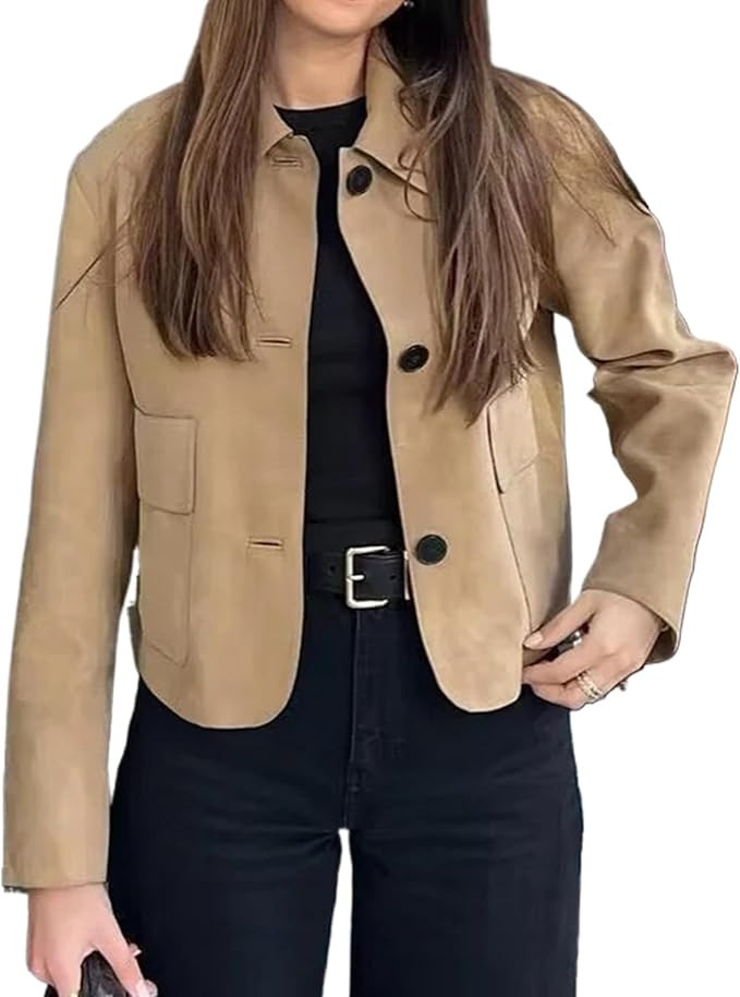 Suede Cropped Jacket Y2k Outerwear Brown Faux Leather Jacket Women Old Money Aesthetic Fall Crop ... | Amazon (US)