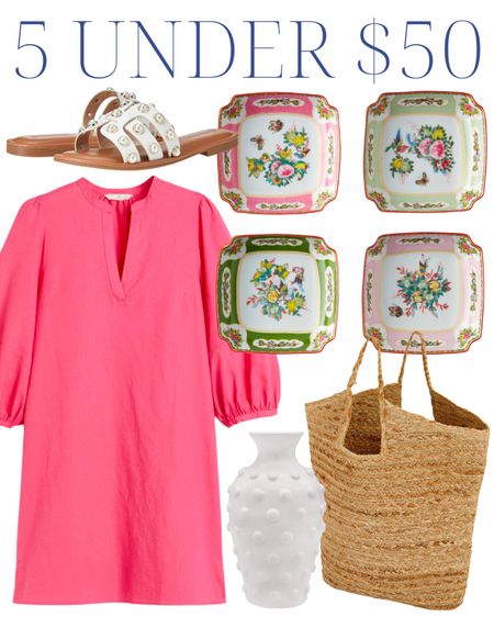 Pink linen dress, large rattan woven straw market tote shoulder bag, white hobnail vase, famille rose square dipping bowls, flat slide sandals white and gold pearl shoes, spring decor, spring table, spring outfit, spring style, preppy outfit, affordable style, classic style, Easter outfit, Easter style, home decor, classic home, grandmillennial home, grandmillennial decor, grandmillennial style 

#LTKstyletip #LTKhome #LTKunder50