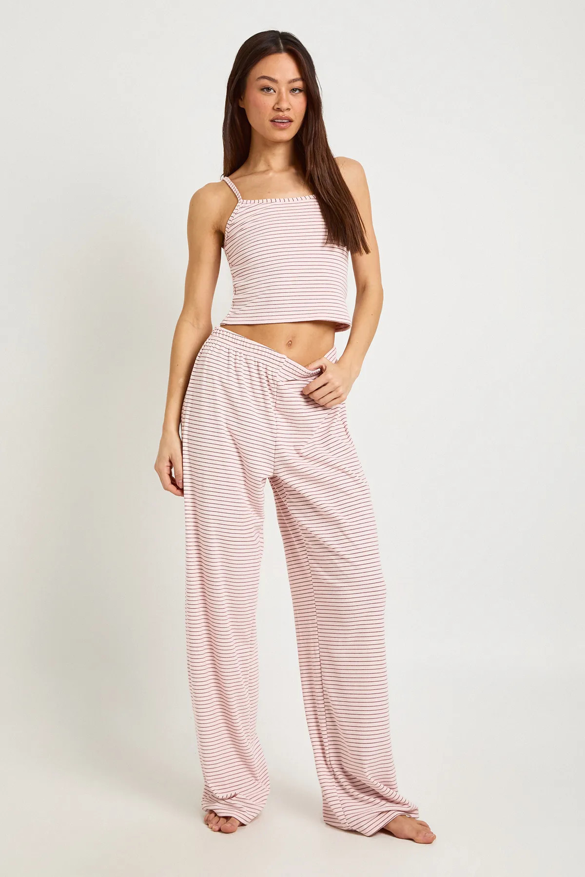 Baby Pink Tall Soft Rib Stripe Cami & Trouser Pyjama Set | Boohoo USA | boohoo (US & Canada)