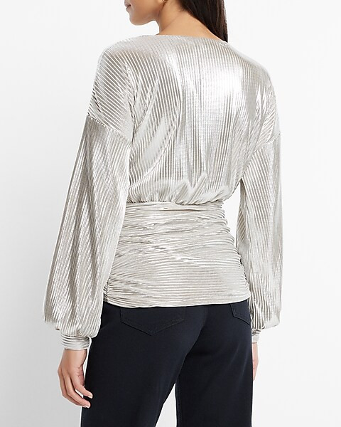 Metallic Foil Pleated Wrap Tie Waist Top | Express
