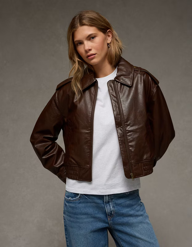 AE Cropped Faux Leather Bomber Jacket | American Eagle Outfitters (US & CA)