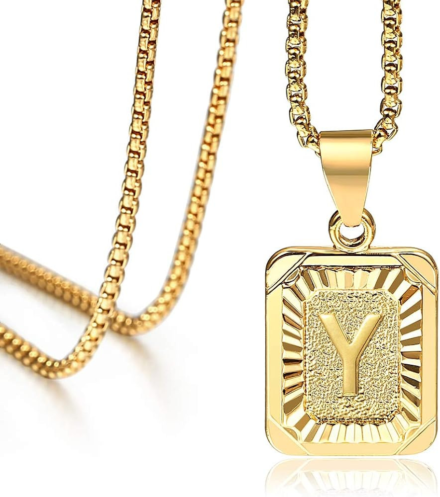 26 Gold Plated Square Capital Initial Letter Charm Pendant Necklace for Men Women Box Steel Chain... | Amazon (US)