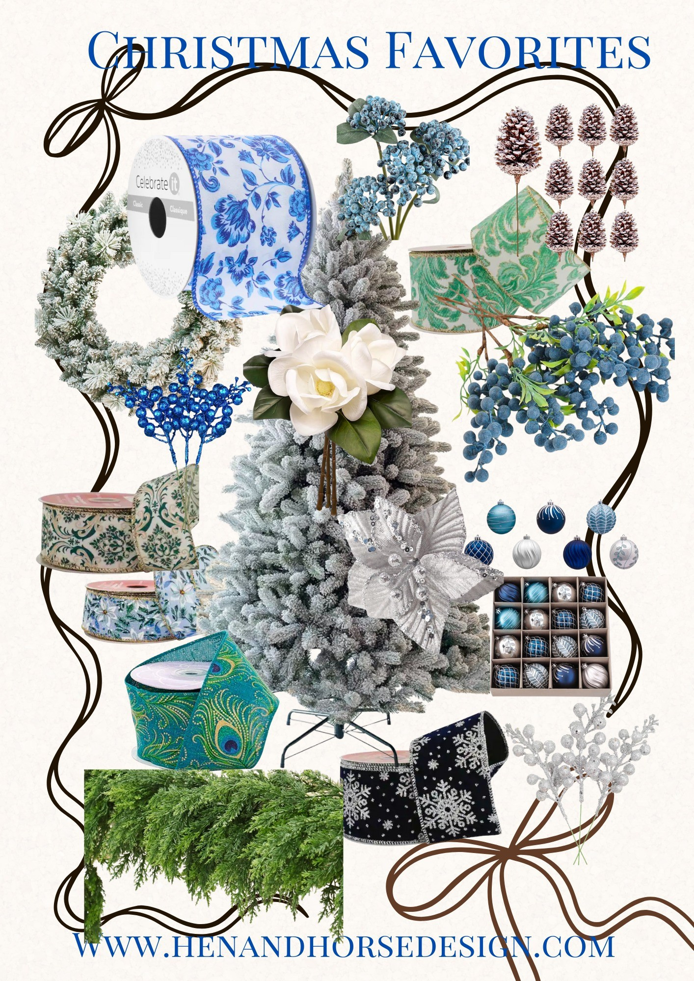 Blue and white christmas.  King of Christmas 9ft King Flocked 1100 led white lights, timer, 8 lighting options. Magnolia flowers, ornaments, cedar garland, wired ribbon.Create this look in your home! 

#LTKHoliday #LTKSeasonal #LTKHome