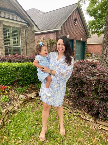 Mommy and little girl matching moment in blue lace appliqué look dresses by Broke Brooke for Dillards Edgehill Collection and J.Marie Collections 
Pretty spring dresses, wear to wedding guest dresses, suede platform sandals 
Mom dress runs big, size down


#LTKbaby #LTKfamily #LTKstyletip