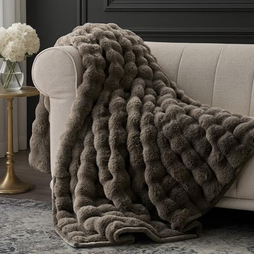 EverGrace Ultra Soft Luxury Fluffy Faux Rabbit Fur Throw Blanket, Thick Warm Bubble Throw for Bed, Cozy Plush Reversible Blankets for Couch, Chair, Sofa, Dark Taupe, 50x60 Inches | Amazon (US)