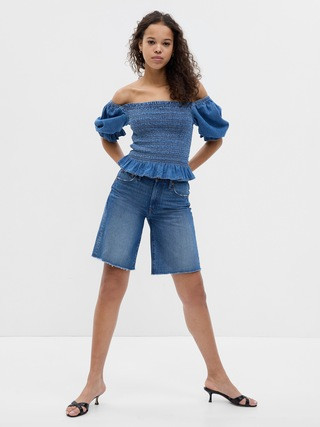 Puff Sleeve Denim Smocked Peplum Top | Gap (US)