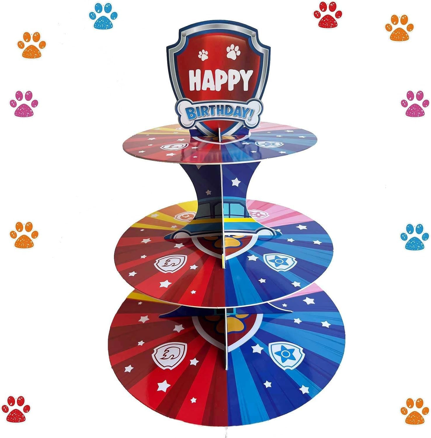 Cartoon Paw Cupcake Stand Kids Birthday Party Decorations Red Blue Pink Yellow 3-Tier Cupcake Top... | Amazon (US)
