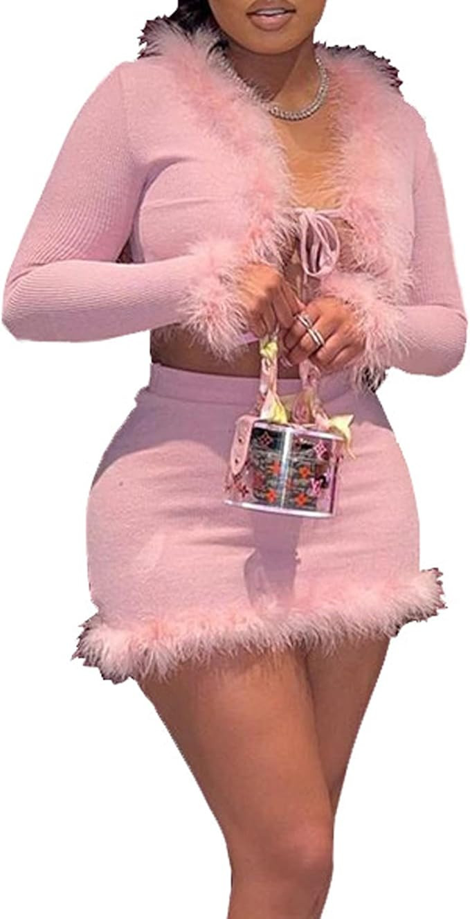 Eilova Orityle Women Sexy 2 Piece Outfits Rave Tie-up Feather Trim Fur Long Sleeve Cardigan Deep ... | Amazon (US)