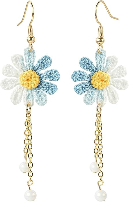 Handmade Crochet Flower Earring, Knitted Artificial Pendant Tassel Dangle Earrings - Rose Daisy F... | Amazon (US)