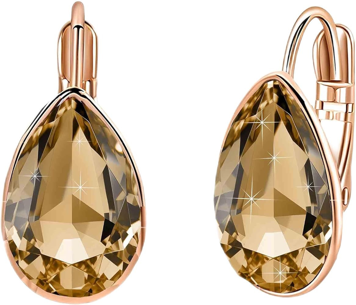 Teardrop Austrian Crystal Leverback Drop Earrings for Women 14K Rose Gold Plated Hypoallergenic J... | Amazon (US)
