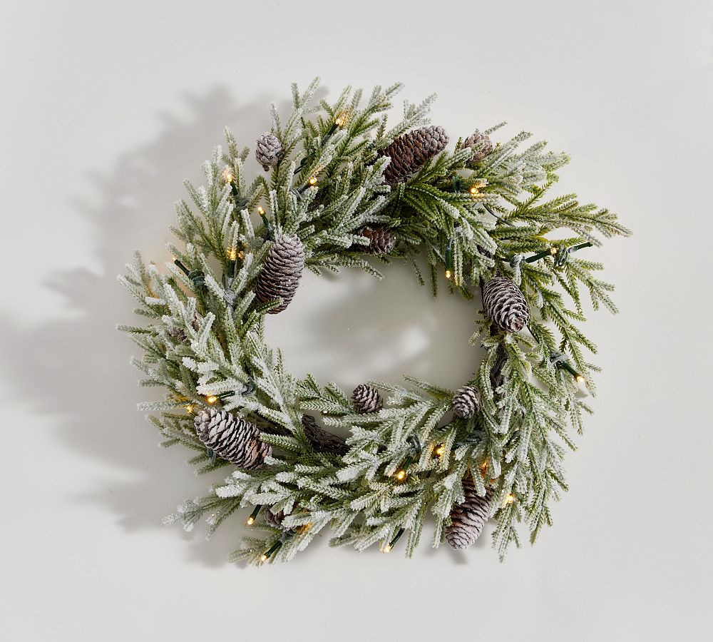 Lit Faux Flocked Mini Pine Wreath | Pottery Barn (US)