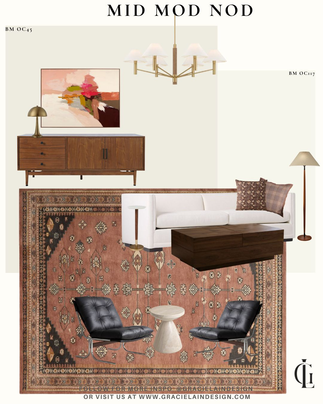 A living room that whispers midcentury modern rather than shouting it. 🤍
Creamy walls set a soft backdrop for a modern sofa layered with a traditional wool rug that keeps things grounded and inviting. Barcelona-style chairs, a walnut console, and modern art give a subtle nod to MCM, while warm brass accents and rich woods add depth and soul.

The result? Cool, elevated, modern, and a little bit fun. A space that feels curated but relaxed, timeless yet fresh, where every piece plays its part without stealing the show.

Shop the look and see more design inspiration at gracielaindesign.com ✨

#LTKhome #LivingRoomDesign #MidcenturyInspired #ModernInteriors #ModTrad #WarmModern #InteriorStyling #DesignInspo #HomeDetails #GracielaInDesign 

 #LTKSeasonal #LTKHome #LTKSaleAlert