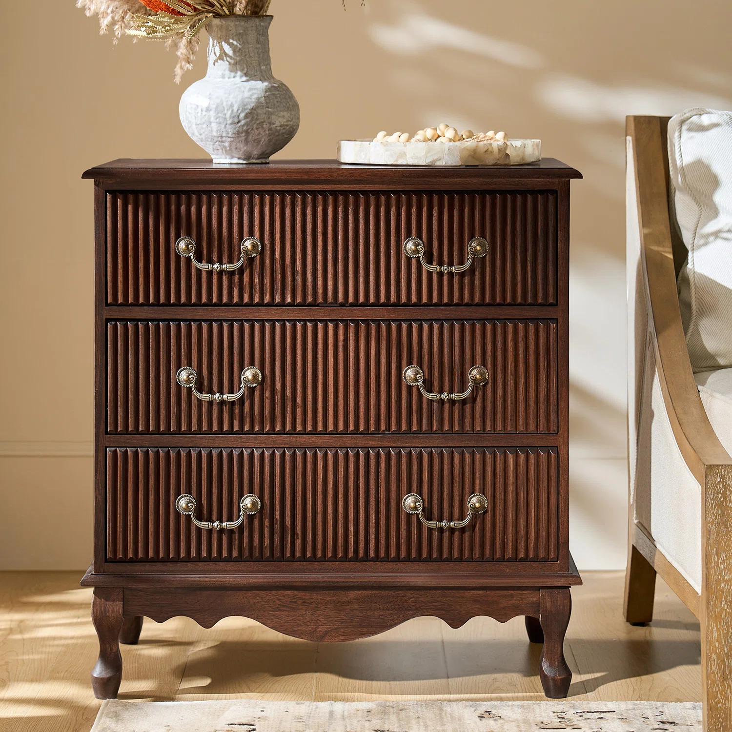Kaybri Transitional 28"W 3-Drawer Solid Wood Fluted Chest with Built-In Power Outlet and Simple A... | Wayfair North America