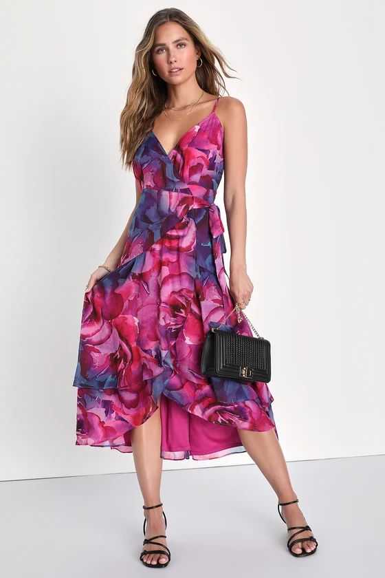 Sunny Certainty Purple Floral Chiffon Wrap Midi Dress | Lulus (US)