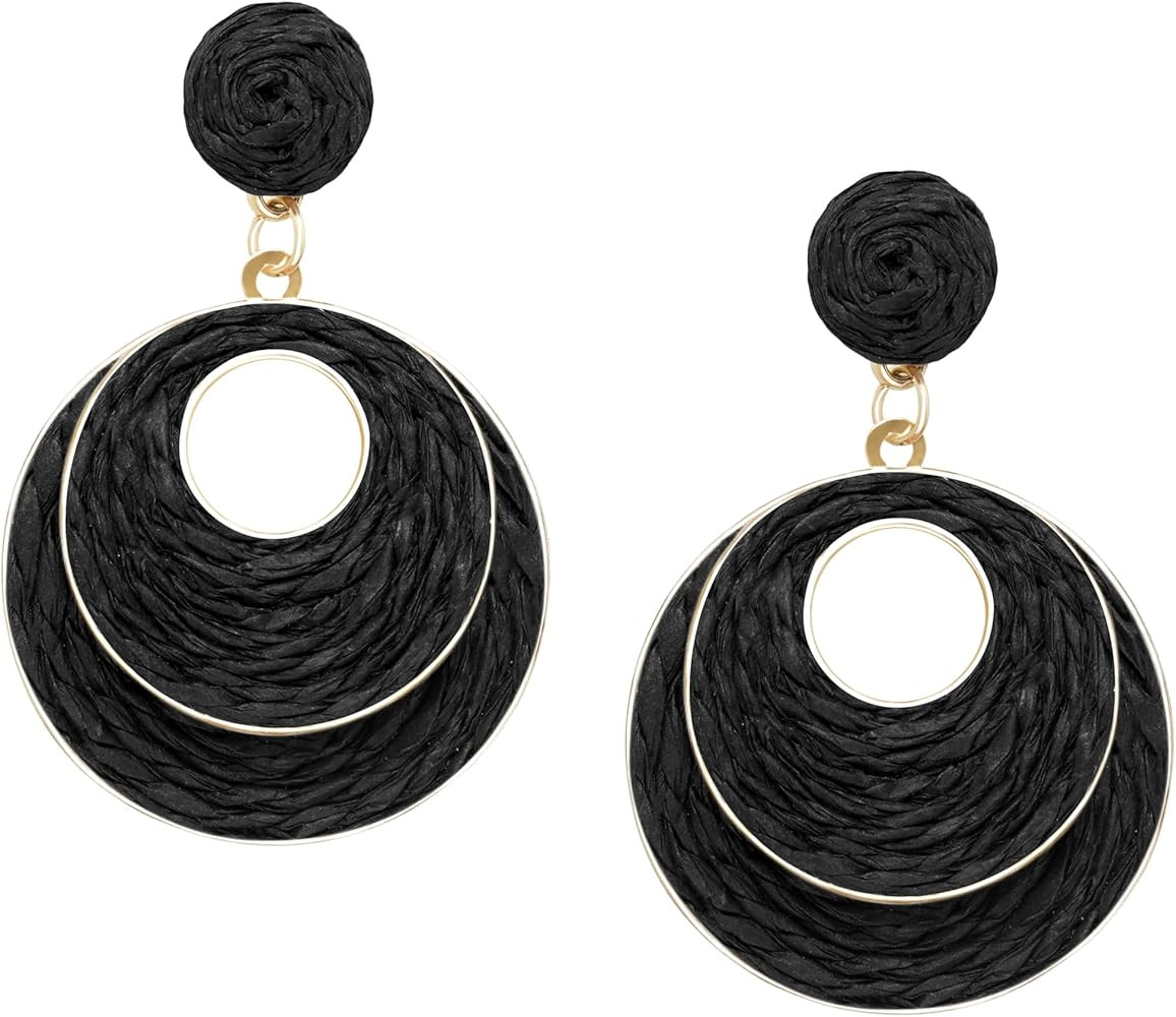 Raffia Hoop Earrings for Women - Boho Straw Wiker Dangle Drop Earrings for Summer Beach, Bohemian... | Amazon (US)