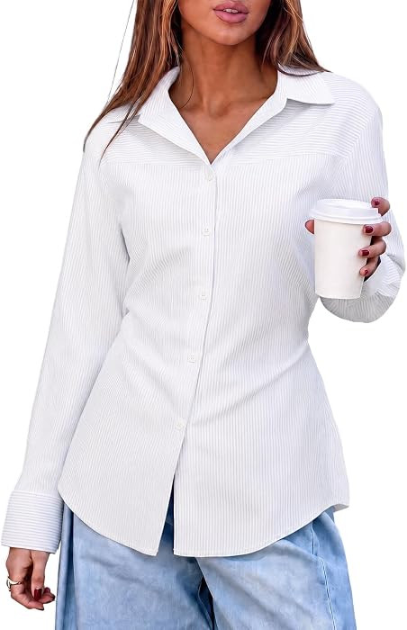 Cicy Bell Womens Striped Button Down Shirt Tie Back Cinched Waist Blouse | Amazon (US)