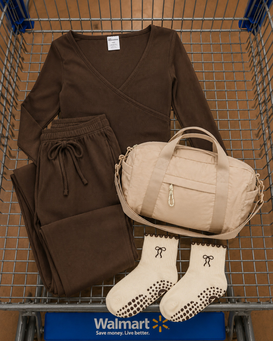 walmart matching set, pilates outfit, walmart pilates look, brown set, pilates socks, workout gym bag, gym bag, weekender bag, girly socks, brown wrap, walmart outfit, walmart fall fashion, beige gym bag 

 #LTKfitnessgoals #LTKActive #LTKTravel