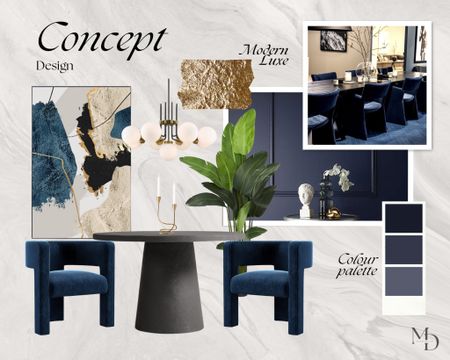 This modern luxe dining room concept design features a sophisticated and elegant atmosphere with a blue palette that adds a refreshing touch of color to the overall look.

#LTKstyletip #LTKhome #LTKFind