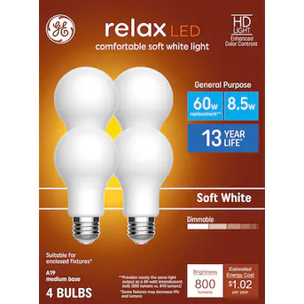 GE Relax 60 -Watt EQ A19 Soft white Medium screw base E26 Dimmable LED General purpose Light Bulb... | Lowe's