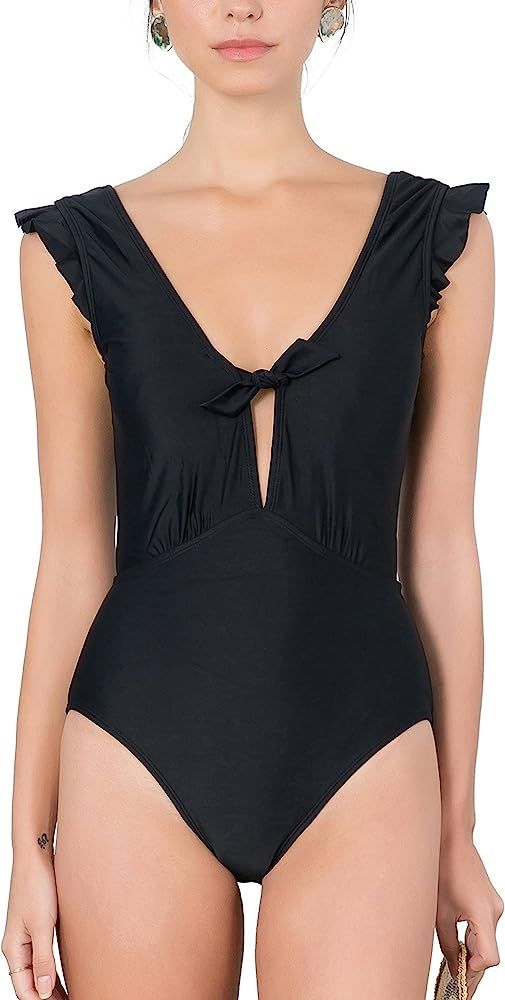 ToBeInStyle Women's Ruffle Sleeve Detail with Low V-Back One Piece Swimsuit | Amazon (US)