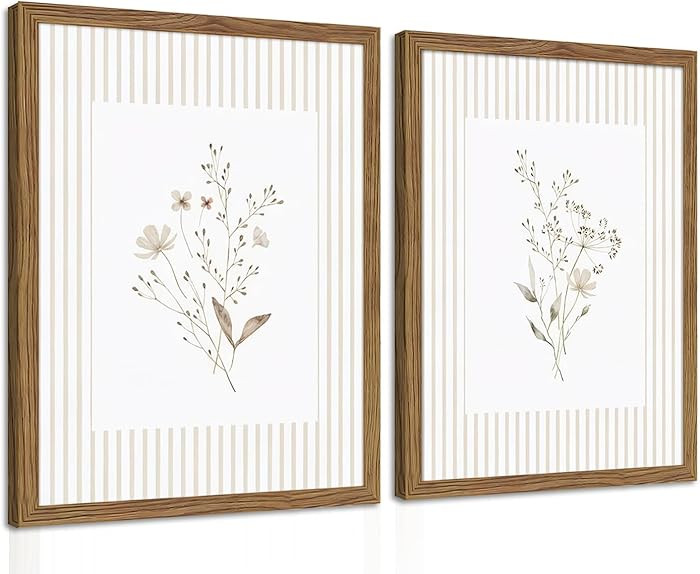 Neutral Wildflower Wall Art Set of 2, Vintage Flower Botanical Wall Decor Painting, Rustic Cottag... | Amazon (US)