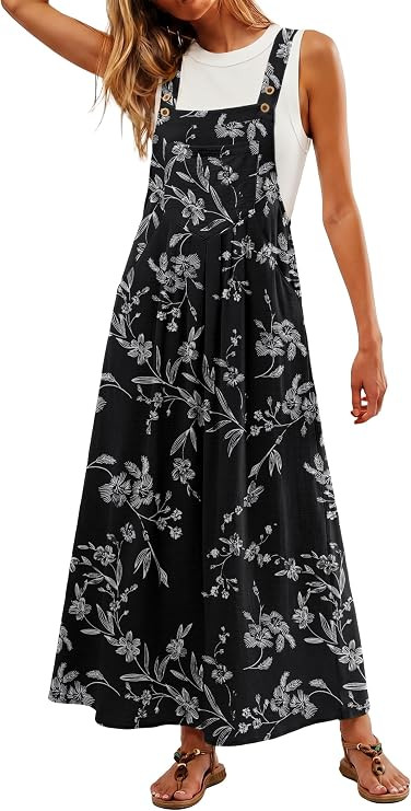 Summer Dresses Women Bib Overall Dresses Adjustable Casual Beach Maxi Jumper Dress Cover Up with ... | Amazon (US)