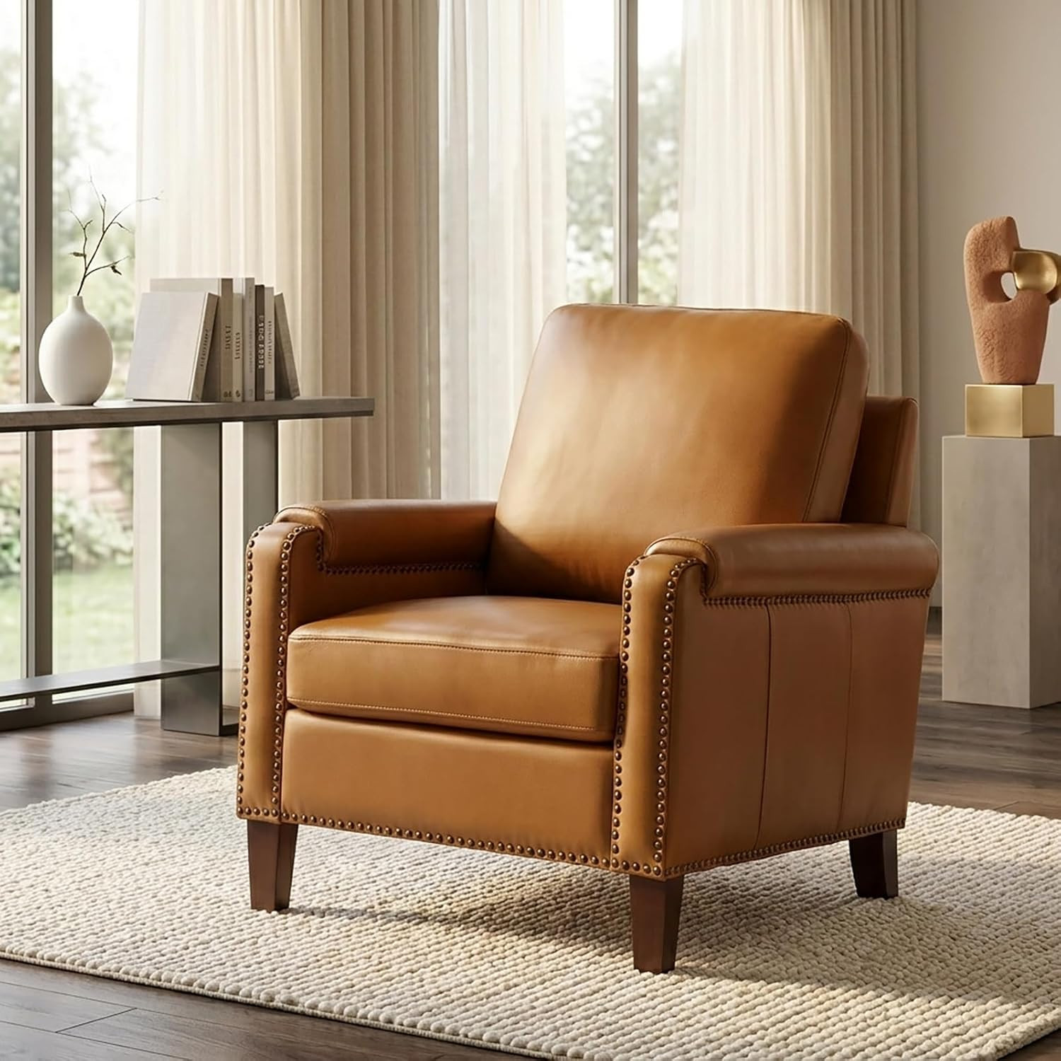 HULALA HOME Genuine Leather Accent Chair with Wooden Legs & Nailhead Trim, Comfy Upholstered Armc... | Amazon (US)