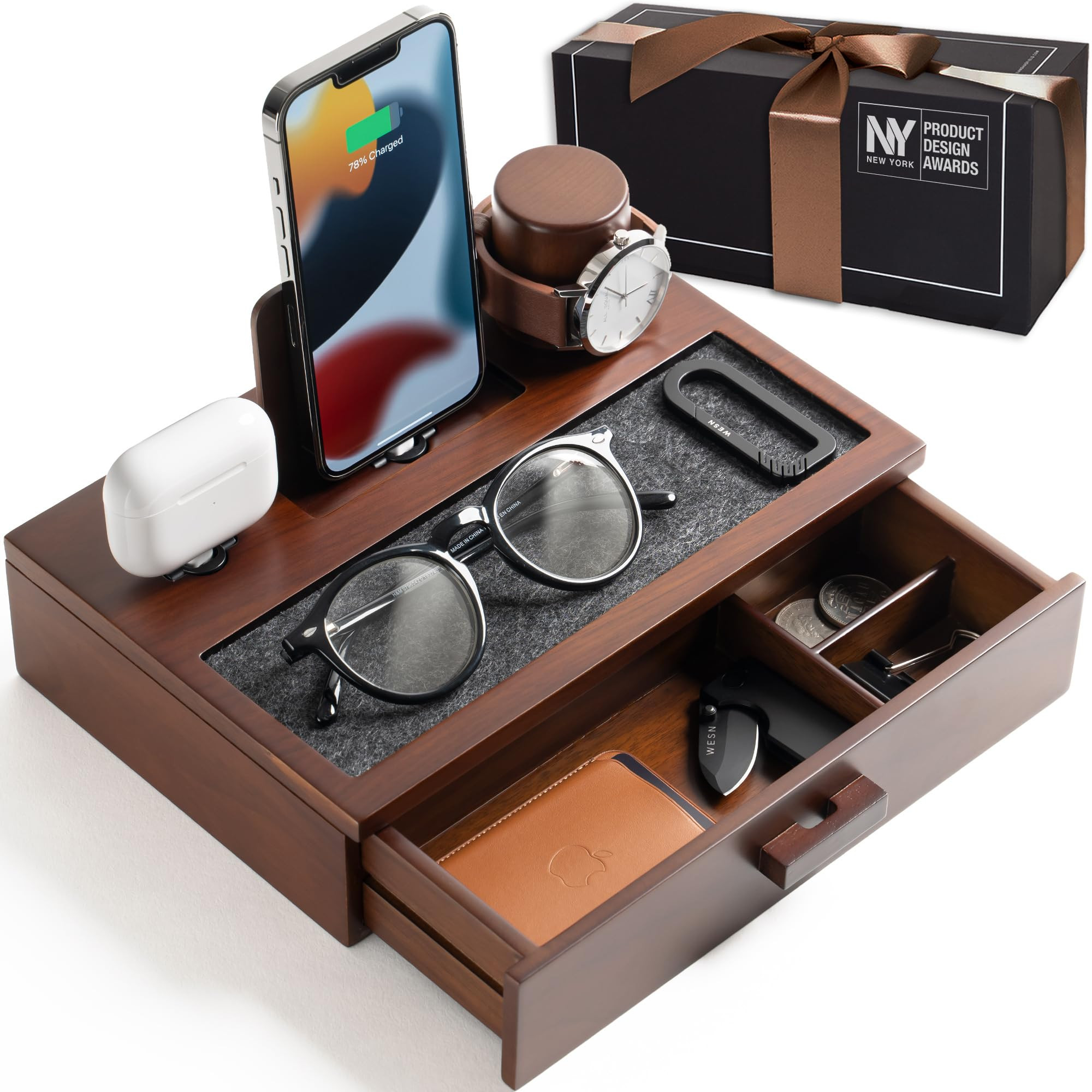 Holme & Hadfield Premium Wooden Phone Docking Station with Drawer – Nightstand Organizer for Ch... | Amazon (US)