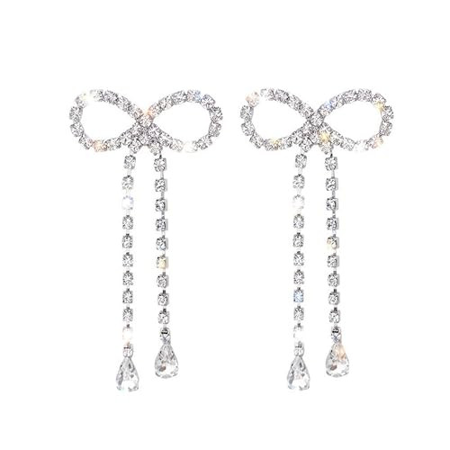 Bow Earrings for Women Silver Crystal Bowknot Tassels Earring Rhinestone Bow Earrings Bowknot Tassel Earrings for womens (Style 1) | Amazon (US)