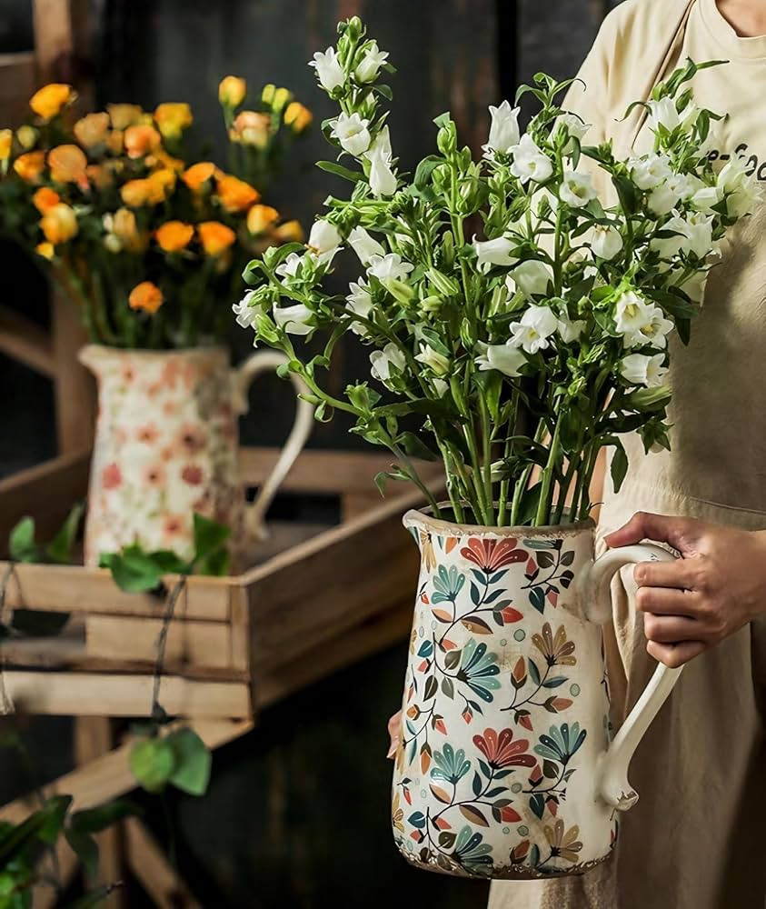 Vintage Colorful Floral Ceramic Vase with Handle, Retro Ice Glazed Crack Farmhouse Pitcher Vase f... | Amazon (US)