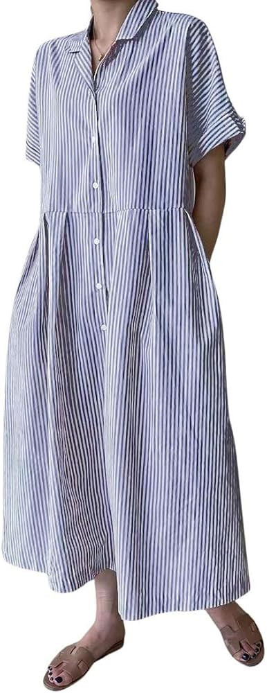 chouyatou Women's Cotton Striped Shirt Dress Button Up Short Sleeve Midi Long Shift Dress with Po... | Amazon (US)