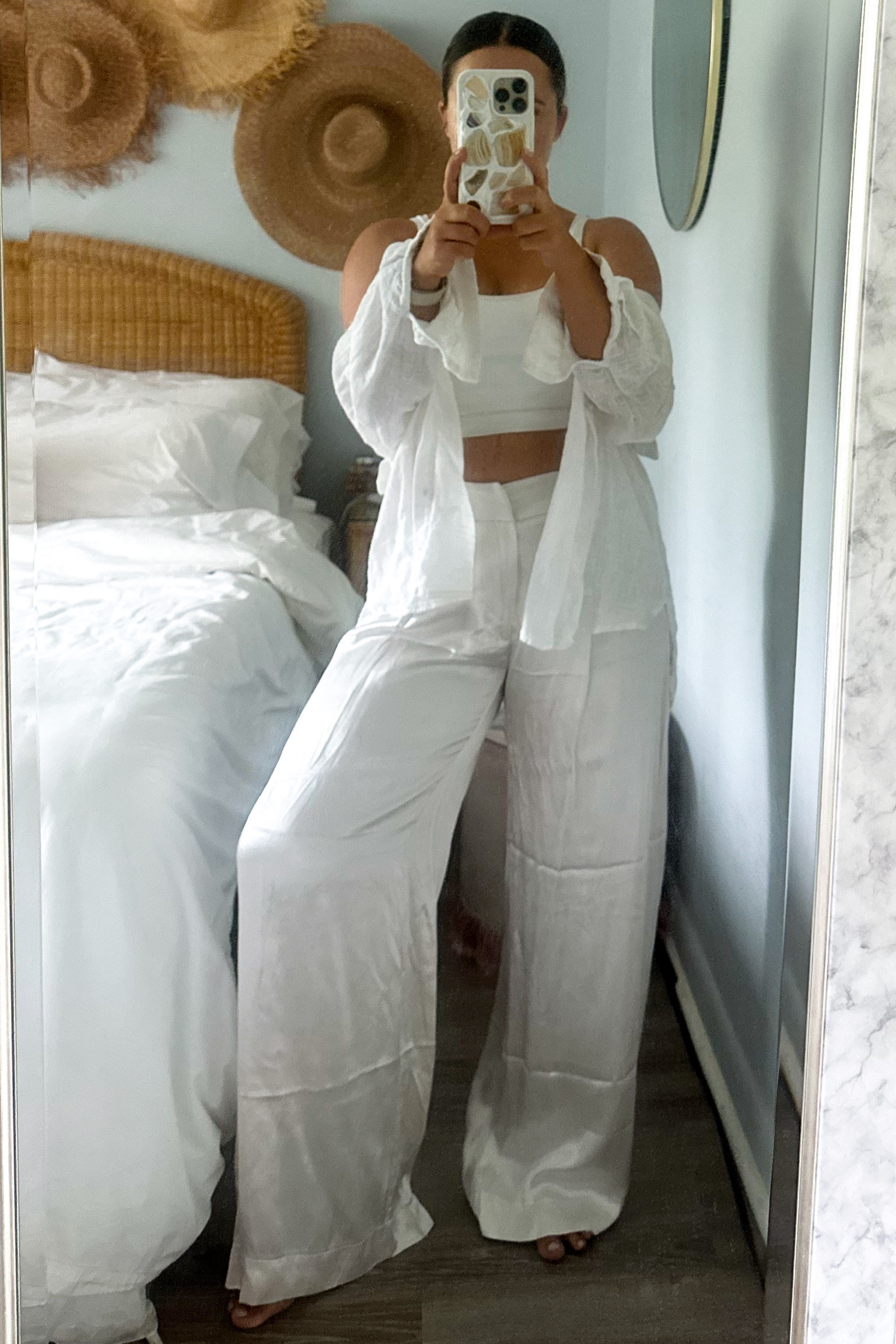 Summer whites🐚🤍✨
You can shop this phone case on my website www.shellsandroses.com 
#summeroutfit #vacationoutfit #vacation #neutrals #allwhite #whiteoutfit #widelegpants 



#LTKstyletip #LTKSeasonal #LTKtravel