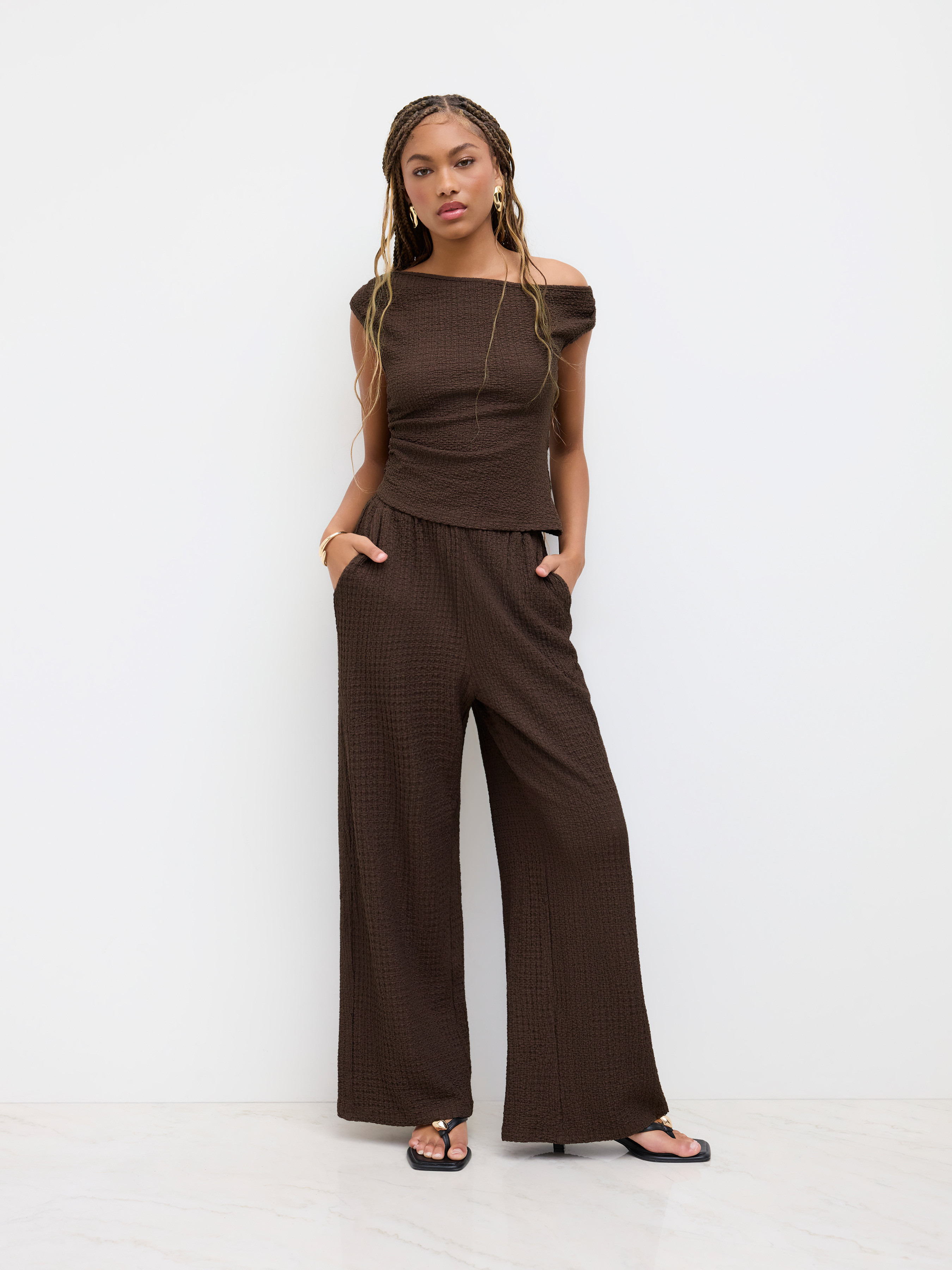 Knit Fabric Texture Asymmetrical Neck Ruched Top & Mid Rise Elastic Waist Straight Leg Trousers S... | Cider