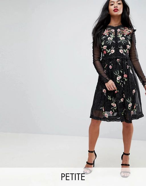 Frock And Frill Petite Floral Premium Embroidered Metallic Tulle Skater Dress | ASOS US
