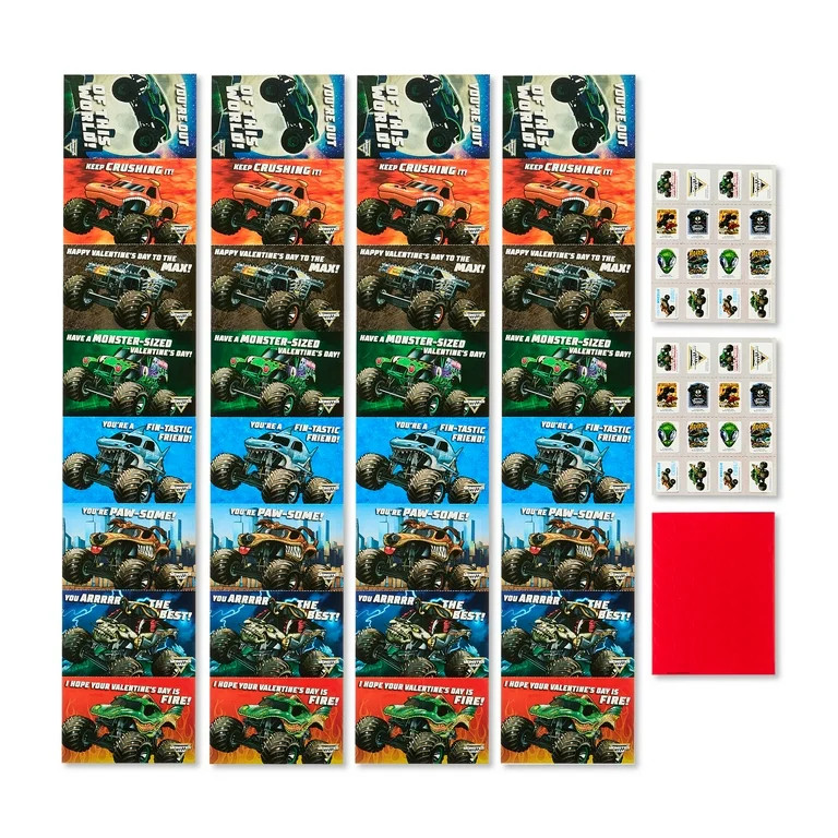 Monster Jam Valentine’s Day Cards, 32 Classroom Exchange Greeting Cards with Stickers for Kids | Walmart (US)