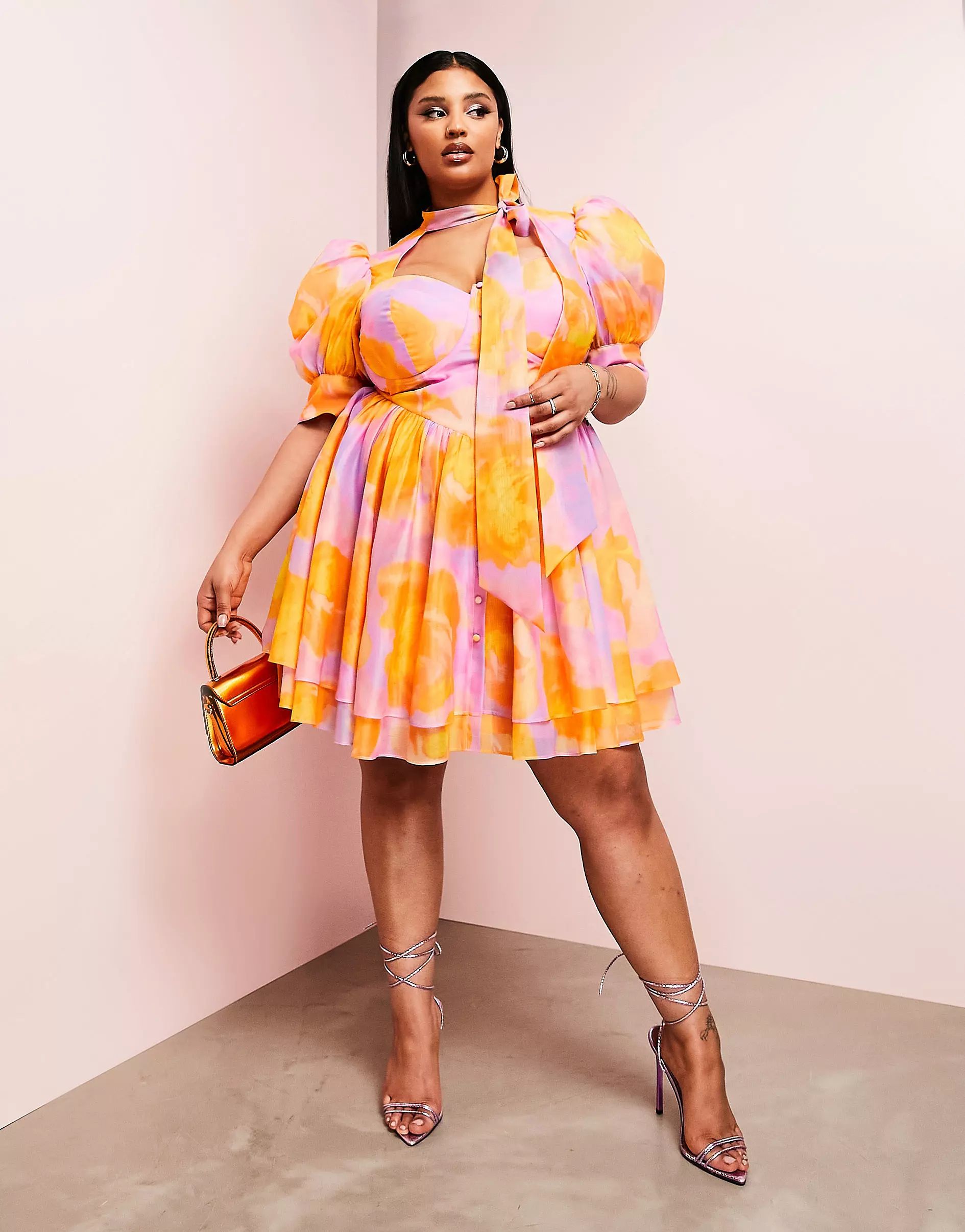 ASOS LUXE Curve sweetheart cut-out puff sleeve pussybow mini swing dress in floral | ASOS (Global)